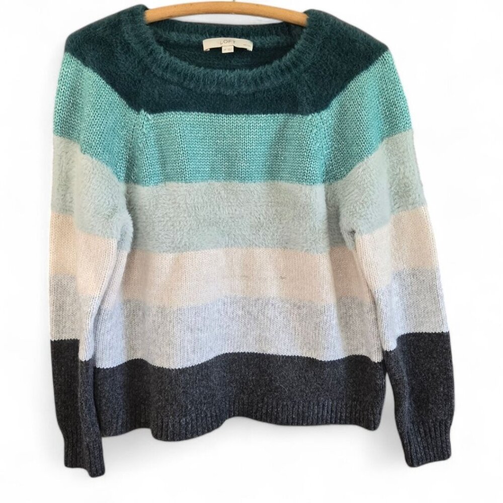 Soft Color Block Striped Knit Sweater Loft Petites Teal Green Blue Gray Cream